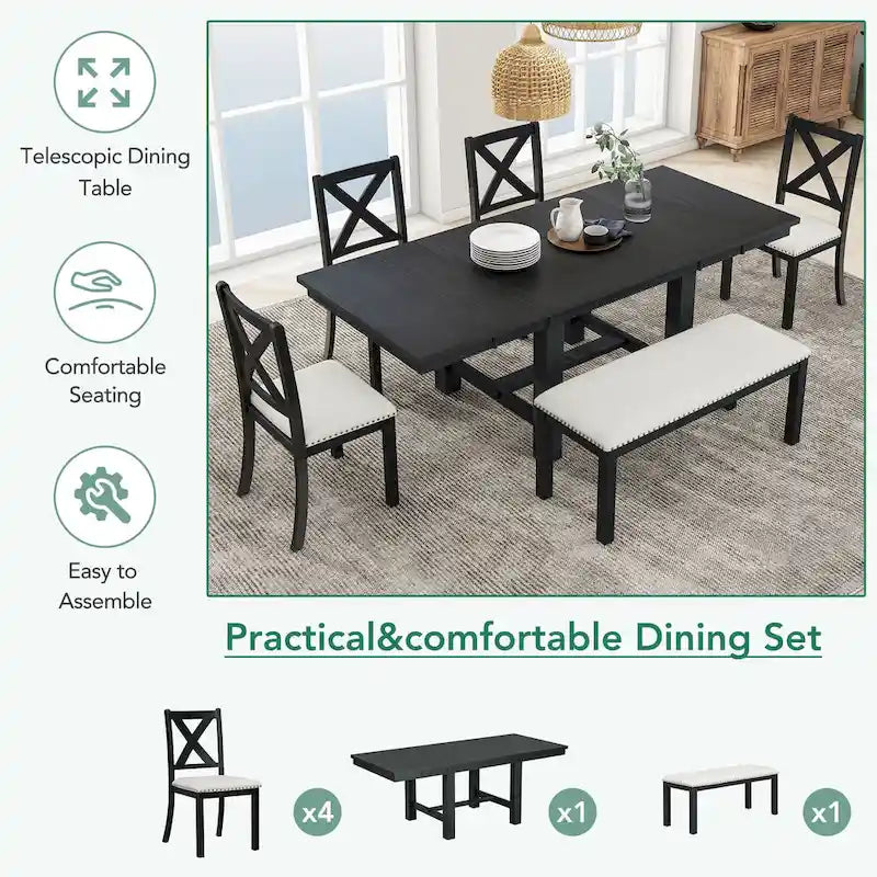 Black/Natural Farmhouse Extendable Dining Set, 6-Piece, Seats 6