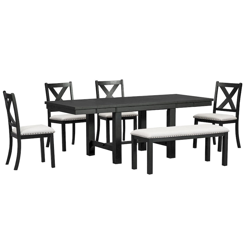 Black/Natural Farmhouse Extendable Dining Set, 6-Piece, Seats 6