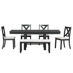Black/Natural Farmhouse Extendable Dining Set, 6-Piece, Seats 6