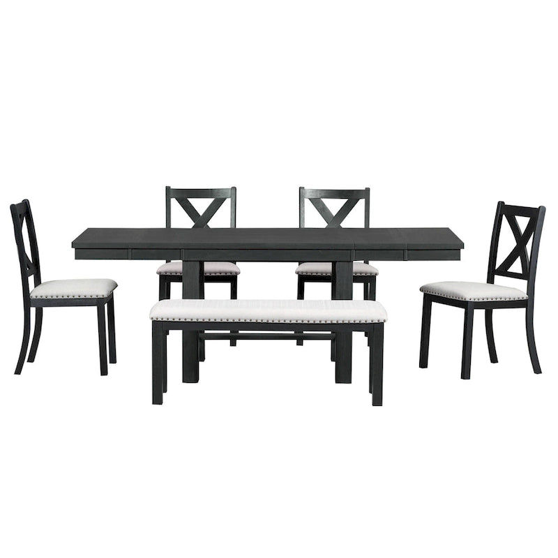 Black/Natural Farmhouse Extendable Dining Set, 6-Piece, Seats 6