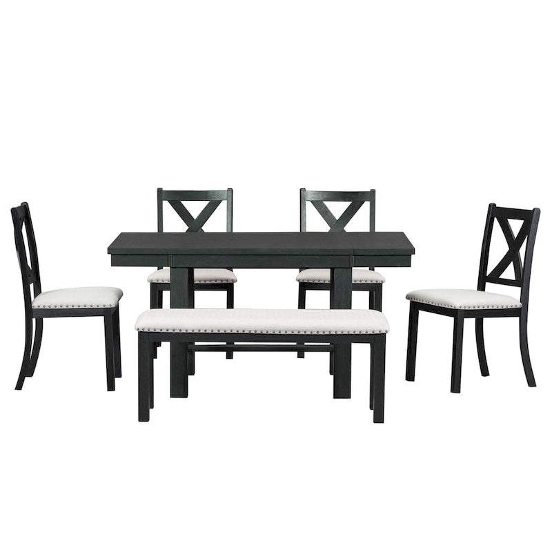 Black/Natural Farmhouse Extendable Dining Set, 6-Piece, Seats 6
