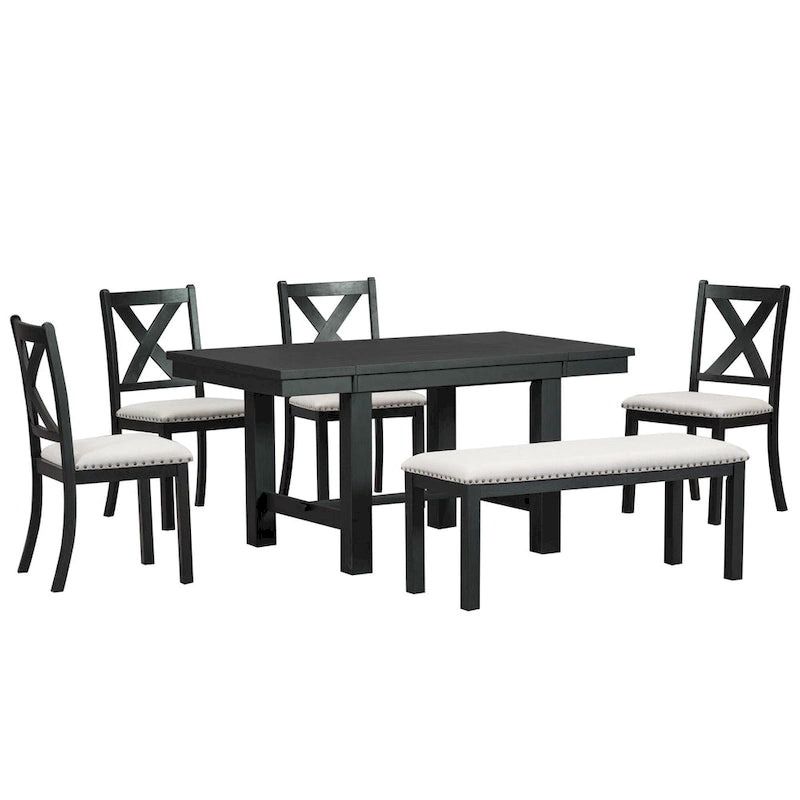 Black/Natural Farmhouse Extendable Dining Set, 6-Piece, Seats 6