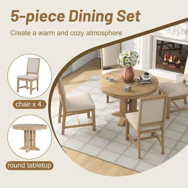 Black / Natural Wood Wash Extendable Round Dining Table Set for 5–6 People
