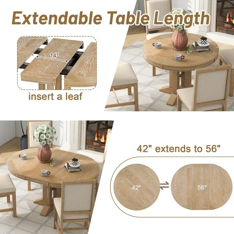 Black / Natural Wood Wash Extendable Round Dining Table Set for 5–6 People