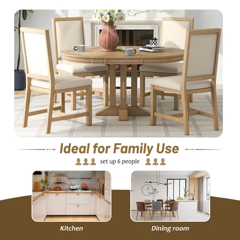 Black / Natural Wood Wash Extendable Round Dining Table Set for 5–6 People
