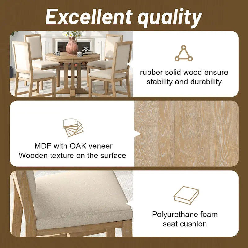 Black / Natural Wood Wash Extendable Round Dining Table Set for 5–6 People