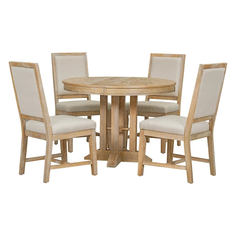 Black / Natural Wood Wash Extendable Round Dining Table Set for 5–6 People