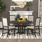 Black / Natural Wood Wash Extendable Round Dining Table Set for 5–6 People