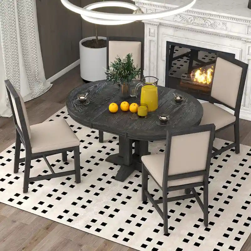 Black / Natural Wood Wash Extendable Round Dining Table Set for 5–6 People