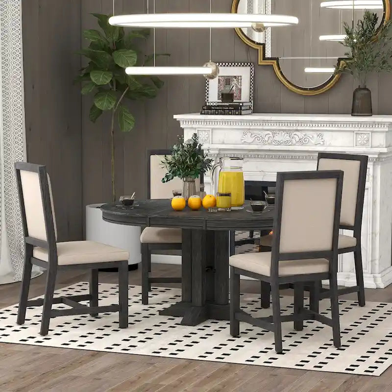 Black / Natural Wood Wash Extendable Round Dining Table Set for 5–6 People