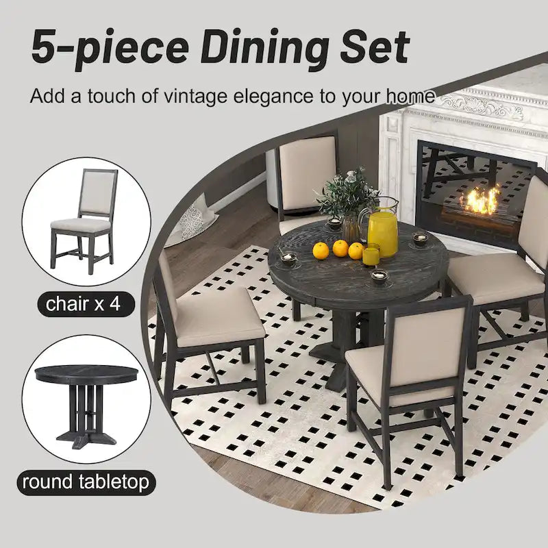 Black / Natural Wood Wash Extendable Round Dining Table Set for 5–6 People