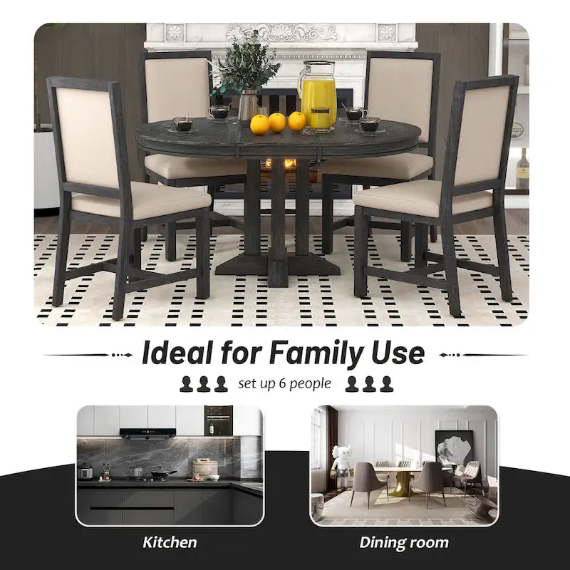 Black / Natural Wood Wash Extendable Round Dining Table Set for 5–6 People