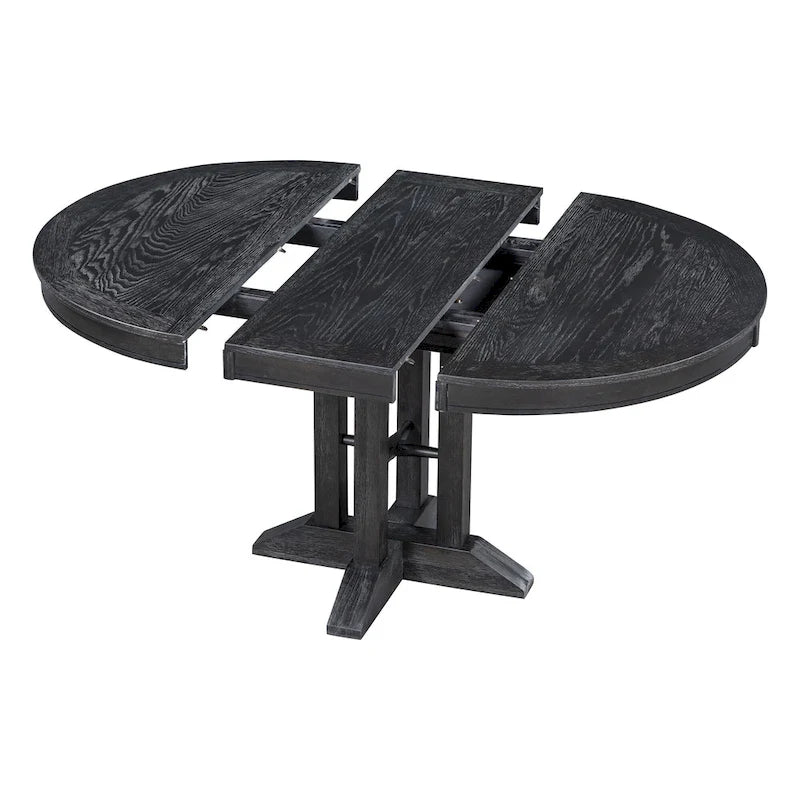 Black / Natural Wood Wash Extendable Round Dining Table Set for 5–6 People