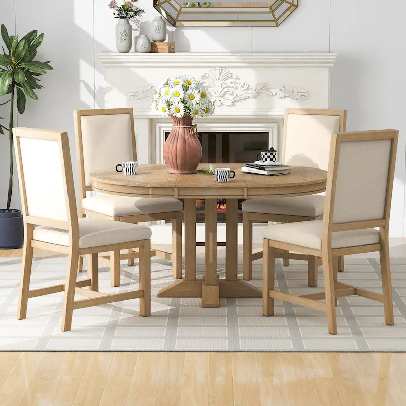 Black / Natural Wood Wash Extendable Round Dining Table Set for 5–6 People