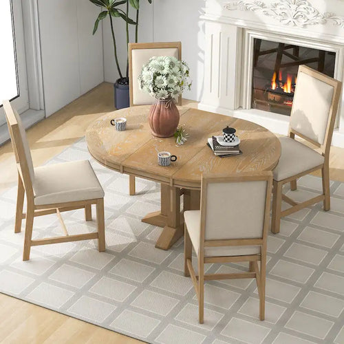 Black / Natural Wood Wash Extendable Round Dining Table Set for 5–6 People