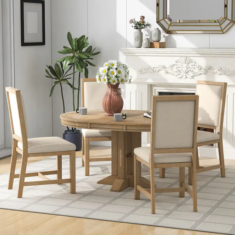 Black / Natural Wood Wash Extendable Round Dining Table Set for 5–6 People