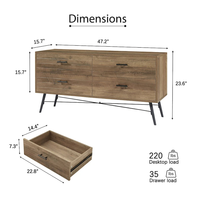 Walnut Brown 4-Drawer Horizontal Dresser, Single Storage Unit