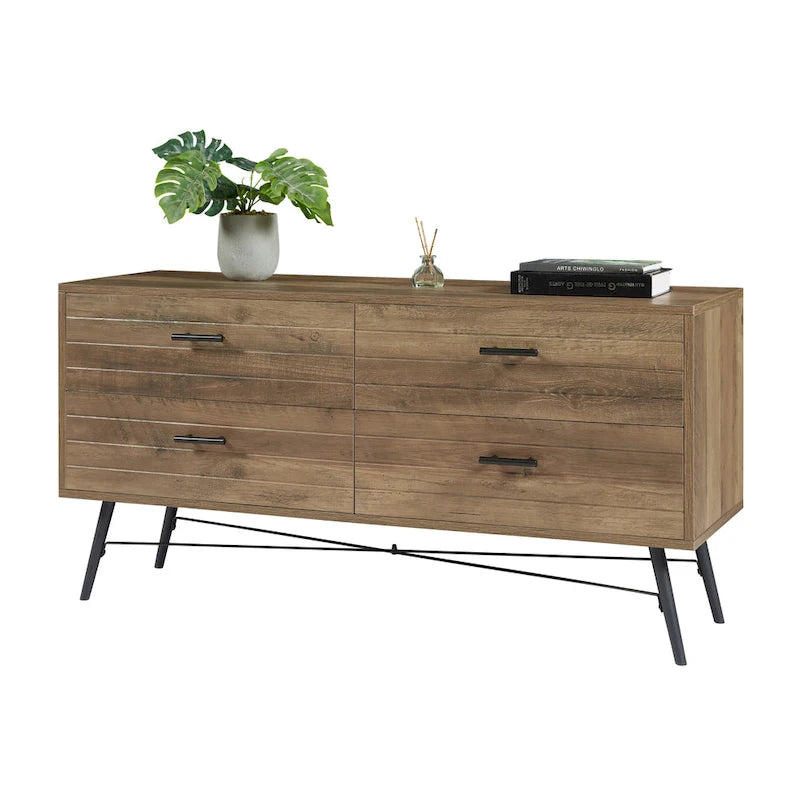 Walnut Brown 4-Drawer Horizontal Dresser, Single Storage Unit