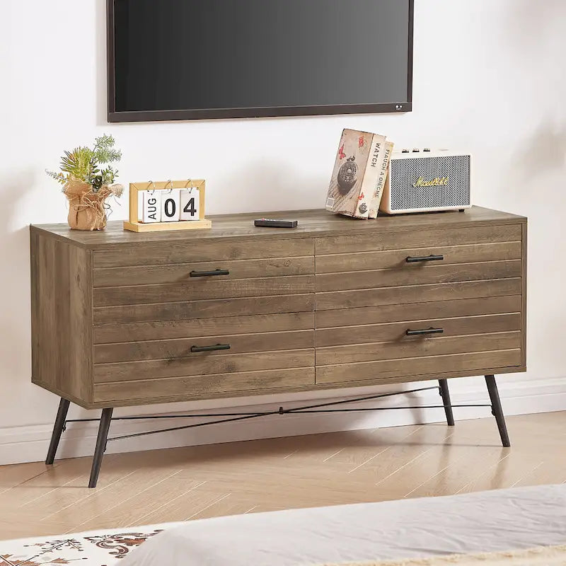 Walnut Brown 4-Drawer Horizontal Dresser, Single Storage Unit
