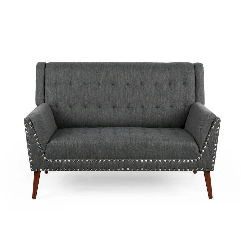 Charcoal / Beige + Walnut Mid-Century Settee, 2-Seat
