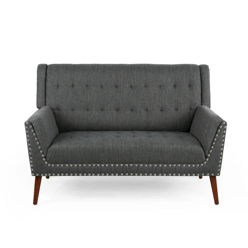 Charcoal / Beige + Walnut Mid-Century Settee, 2-Seat