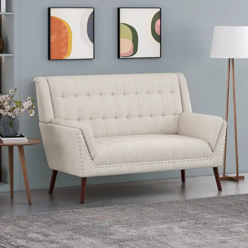 Charcoal / Beige + Walnut Mid-Century Settee, 2-Seat