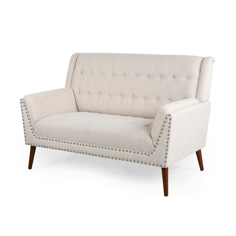 Charcoal / Beige + Walnut Mid-Century Settee, 2-Seat