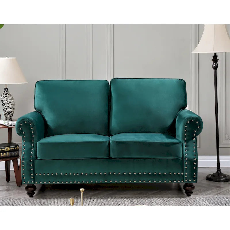 Velvet Nailhead Loveseat, 2-Seat (Green / Rose / Dark Blue / Grey / Beige / Black / Yellow)
