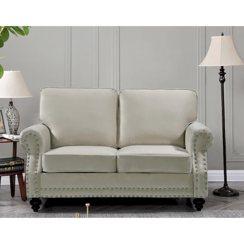 Velvet Nailhead Loveseat, 2-Seat (Green / Rose / Dark Blue / Grey / Beige / Black / Yellow)