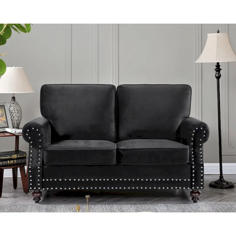 Velvet Nailhead Loveseat, 2-Seat (Green / Rose / Dark Blue / Grey / Beige / Black / Yellow)