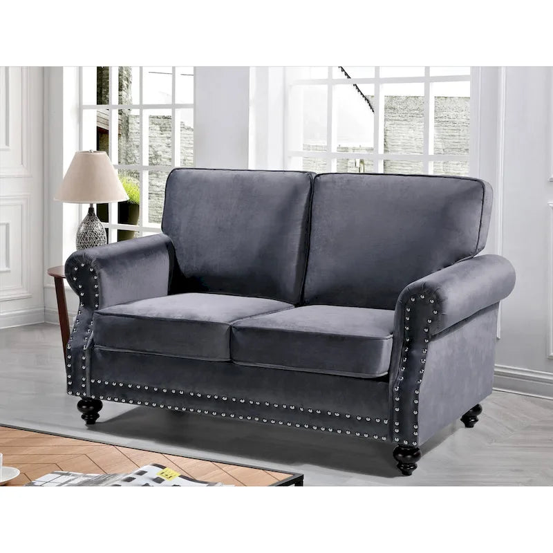 Velvet Nailhead Loveseat, 2-Seat (Green / Rose / Dark Blue / Grey / Beige / Black / Yellow)