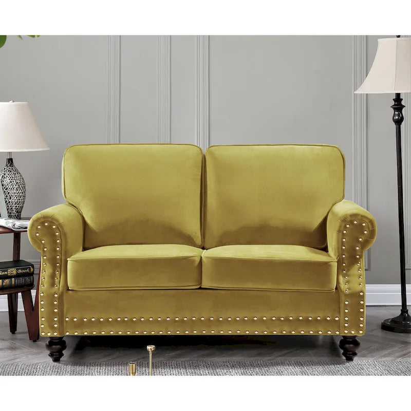 Velvet Nailhead Loveseat, 2-Seat (Green / Rose / Dark Blue / Grey / Beige / Black / Yellow)
