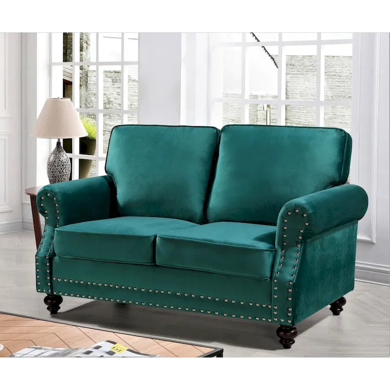 Velvet Nailhead Loveseat, 2-Seat (Green / Rose / Dark Blue / Grey / Beige / Black / Yellow)