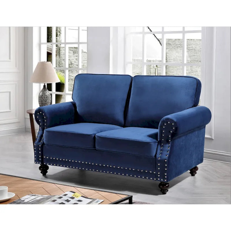 Velvet Nailhead Loveseat, 2-Seat (Green / Rose / Dark Blue / Grey / Beige / Black / Yellow)