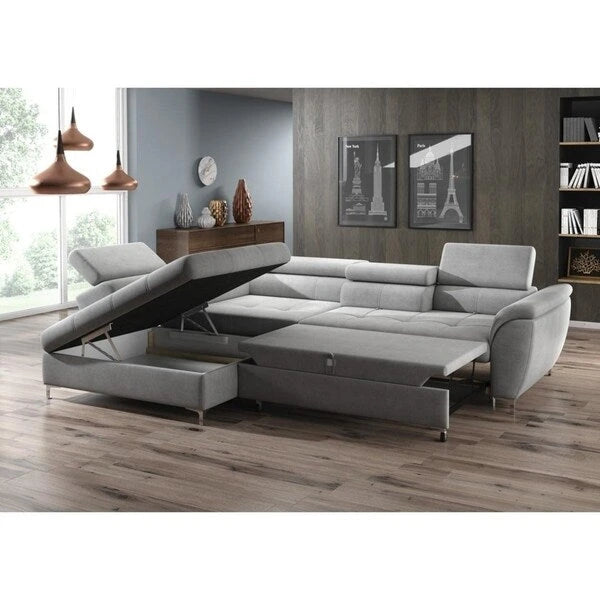 Grey L-Shaped Sectional Sleeper Sofa, Right/Left Facing, 2–3 Seater