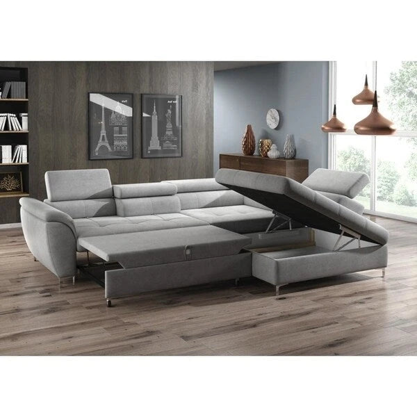 Grey L-Shaped Sectional Sleeper Sofa, Right/Left Facing, 2–3 Seater