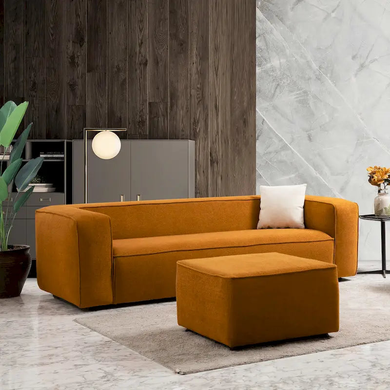 Mid-Century Modern Boucle Sofa – Dark Yellow / Grey / Cream, Seats 2–3