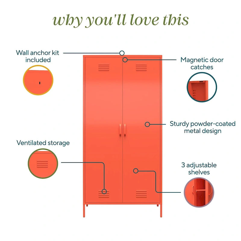 2-Door Tall Metal Locker Cabinet, Orange / Pink, 2-Person Assembly