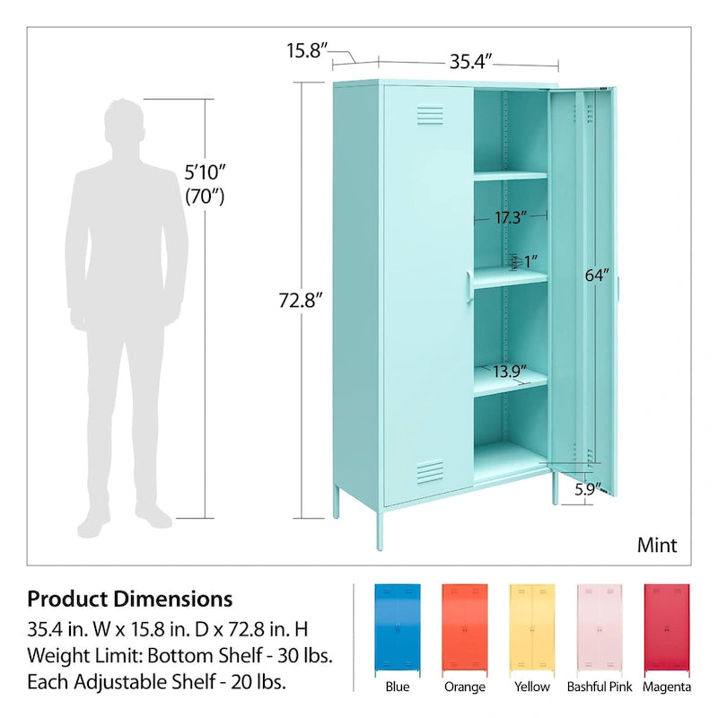 2-Door Tall Metal Locker Cabinet, Orange / Pink, 2-Person Assembly
