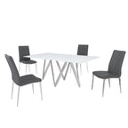 White Glass Top Dining Set, Art Deco Style, Faux Leather Chairs (Ash/Black), 5-Piece for 4