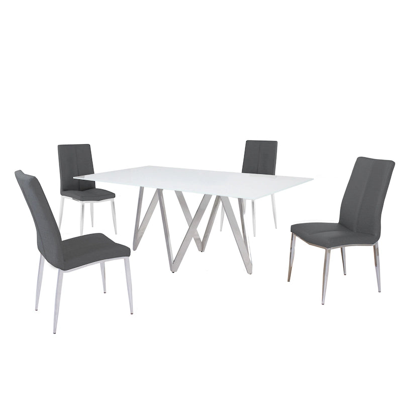 White Glass Top Dining Set, Art Deco Style, Faux Leather Chairs (Ash/Black), 5-Piece for 4