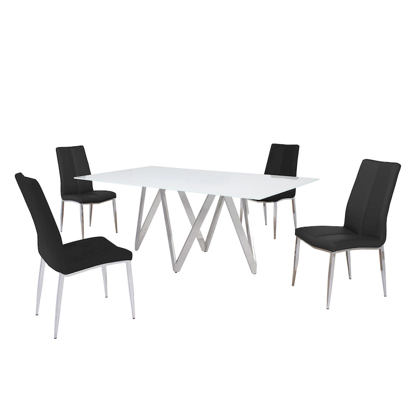 White Glass Top Dining Set, Art Deco Style, Faux Leather Chairs (Ash/Black), 5-Piece for 4