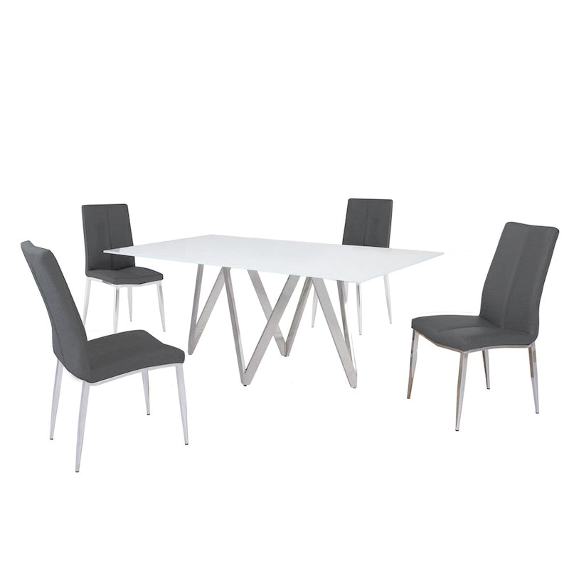 White Glass Top Dining Set, Art Deco Style, Faux Leather Chairs (Ash/Black), 5-Piece for 4