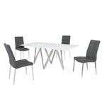 White Glass Top Dining Set, Art Deco Style, Faux Leather Chairs (Ash/Black), 5-Piece for 4