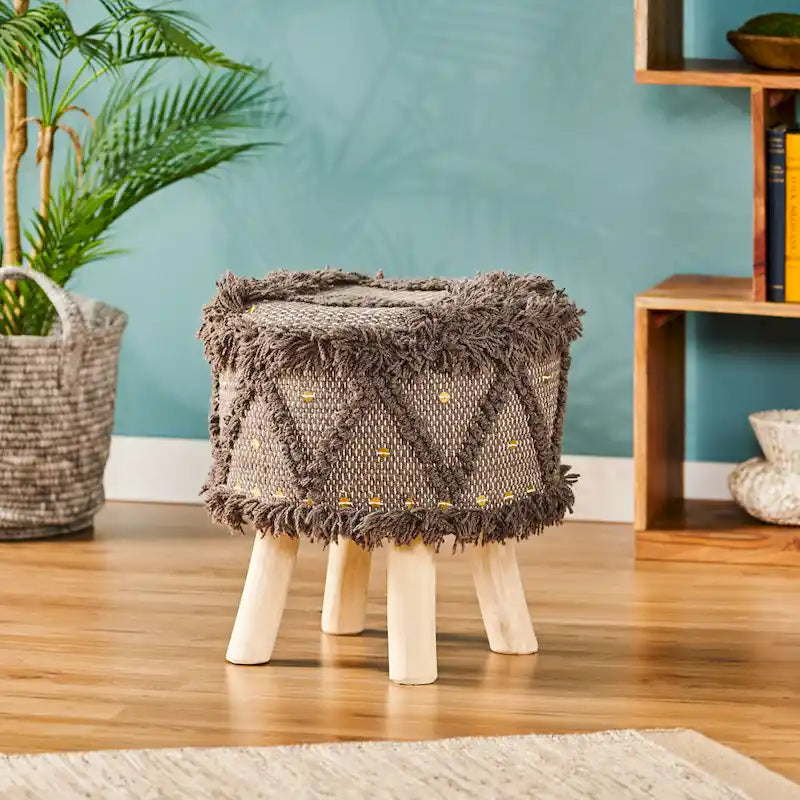 Boho Hand-Woven Fabric Stool, Black / Ivory / Taupe / Dark Brown, Single Seat