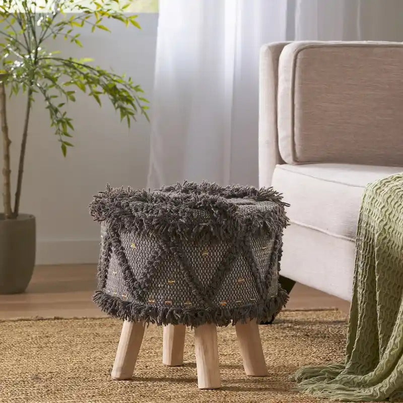 Boho Hand-Woven Fabric Stool, Black / Ivory / Taupe / Dark Brown, Single Seat