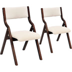 Beige Folding Dining Chair, Upholstered Padded Seat, Set of 2