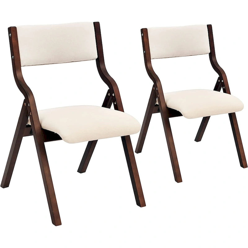 Beige Folding Dining Chair, Upholstered Padded Seat, Set of 2