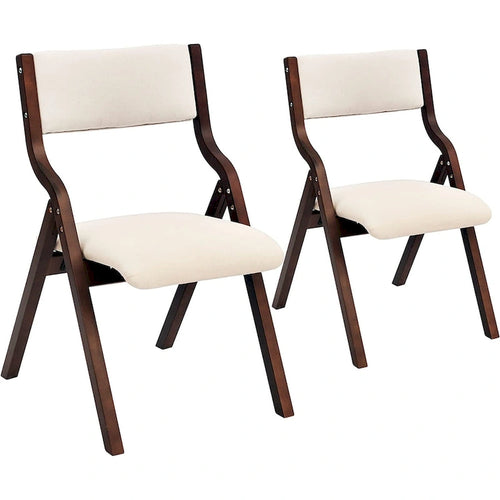 Beige Folding Dining Chair, Upholstered Padded Seat, Set of 2