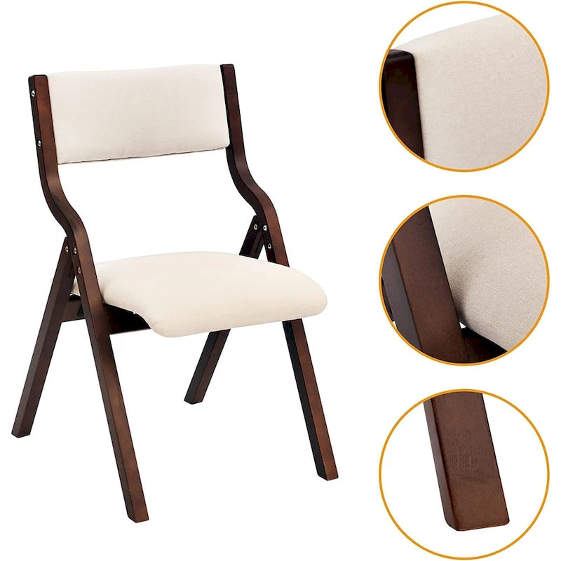 Beige Folding Dining Chair, Upholstered Padded Seat, Set of 2